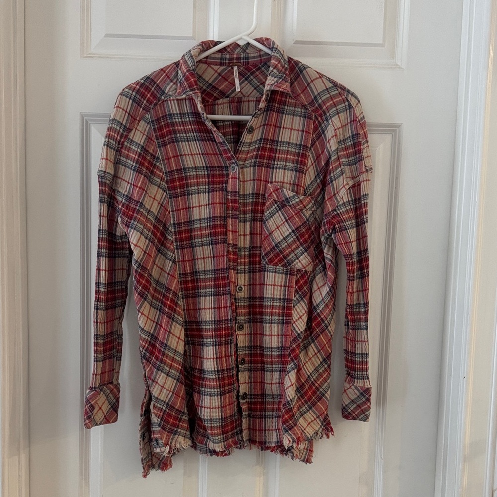 Free People Plaid Button-Up Shirt - Red and White
